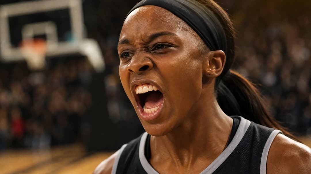 Jackie Young celebrating during a WNBA game, illuminated by golden-hour light.