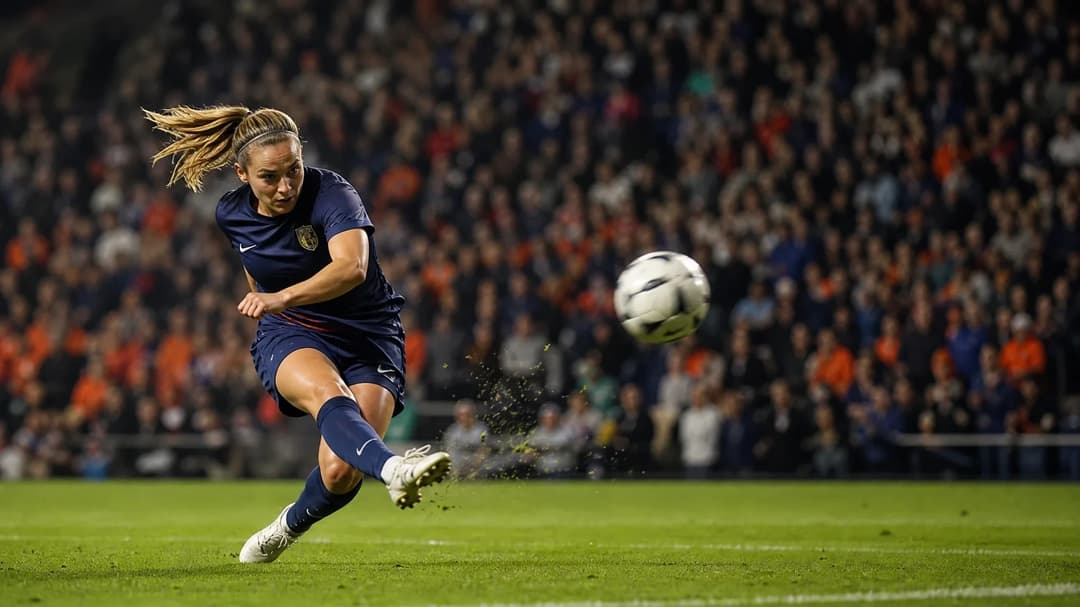 A female footballer from North Carolina Courage executes a powerful kick on the pitch with a cheering crowd in the background.