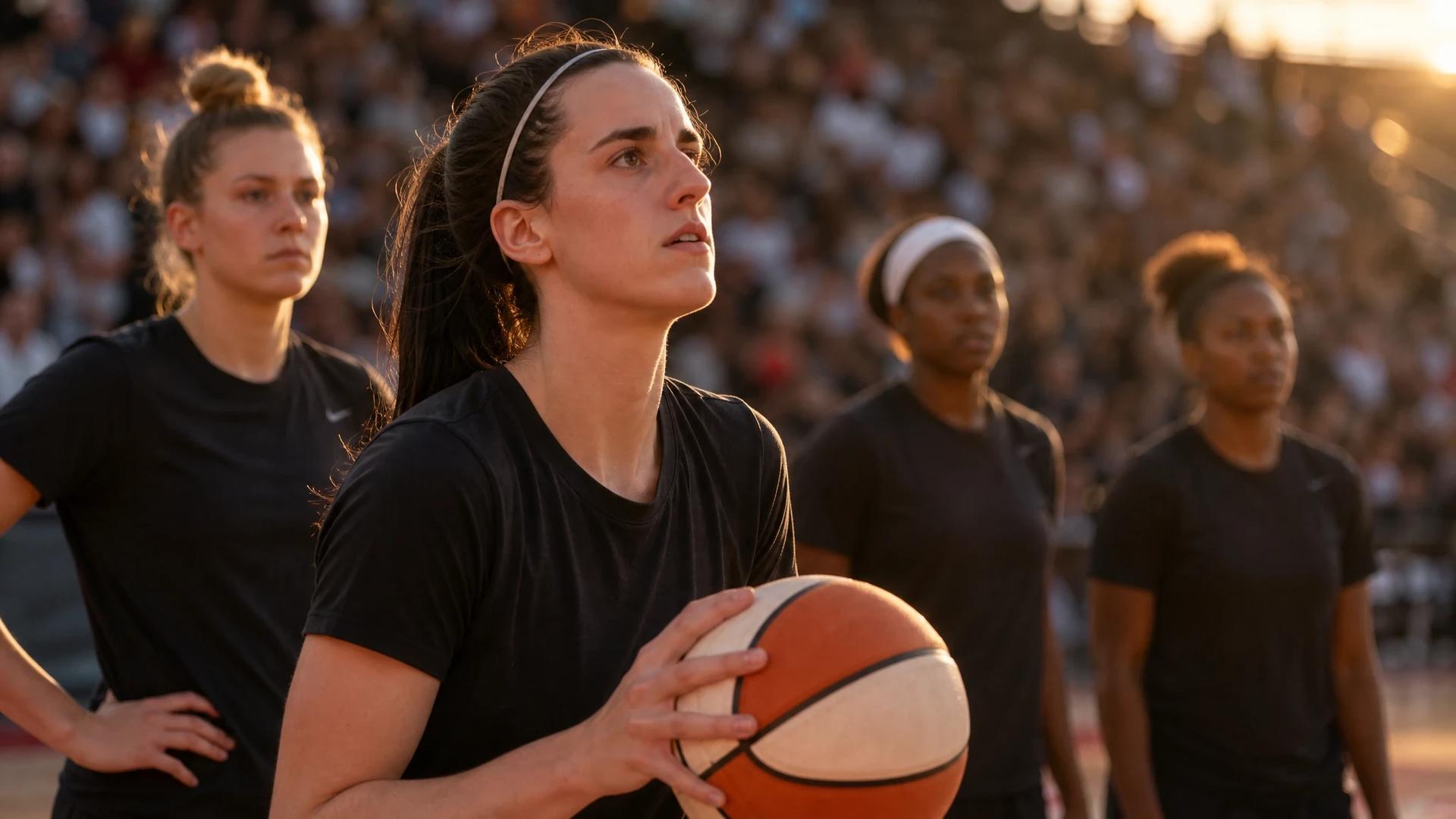 Caitlin Clark stands poised at the three-point line, surrounded by her teammates, moments before a WNBA game.