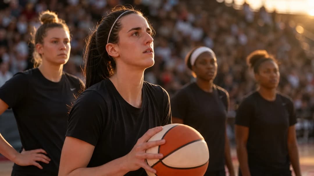 Caitlin Clark stands poised at the three-point line, surrounded by her teammates, moments before a WNBA game.