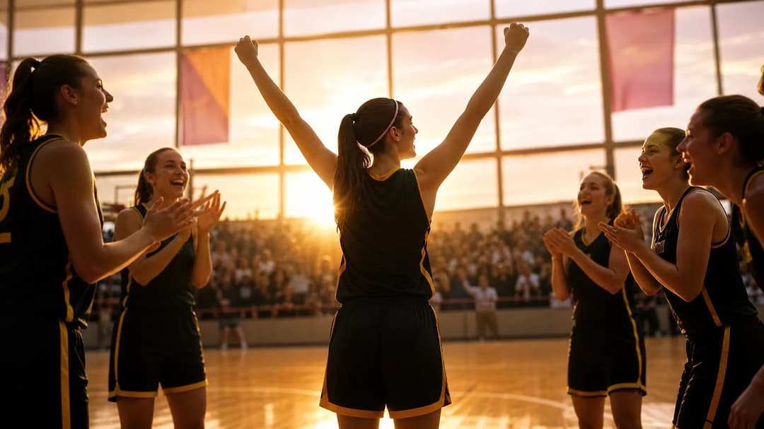Caitlin Clark celebrating on a basketball court against a pastel-colored sunset.