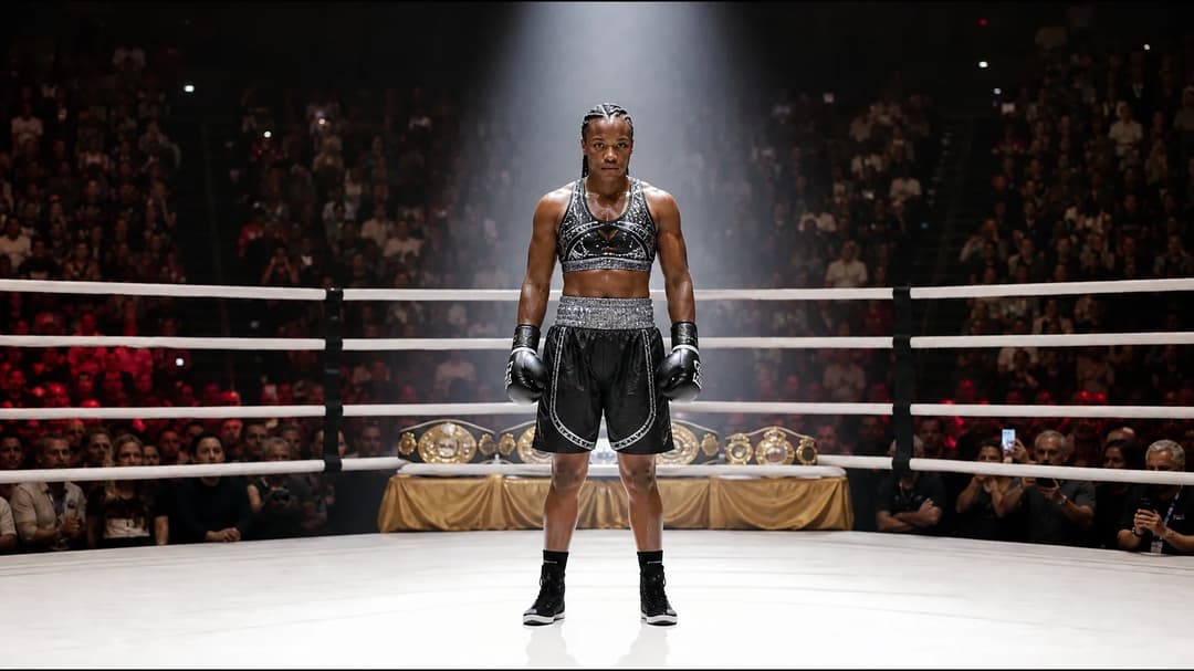 Claressa Shields stands in her corner of the boxing ring, focused and determined, as the audience buzzes with anticipation.