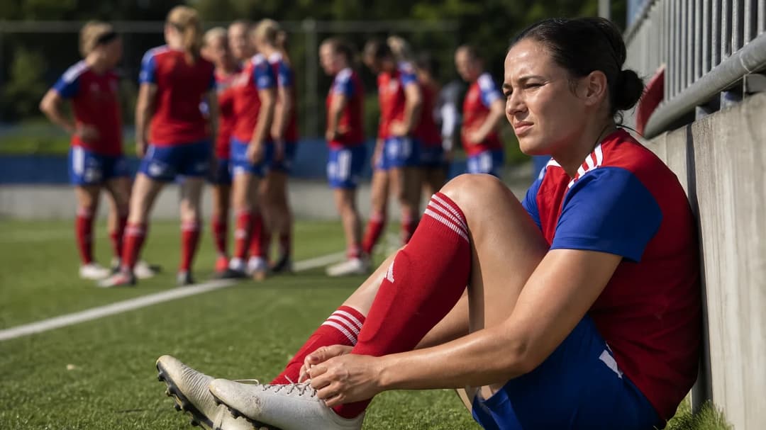 A candid shot of Anna Haddock from Vittsjö tying her football boots against the backdrop of her teammates amidst a bright, sunlit pitch.