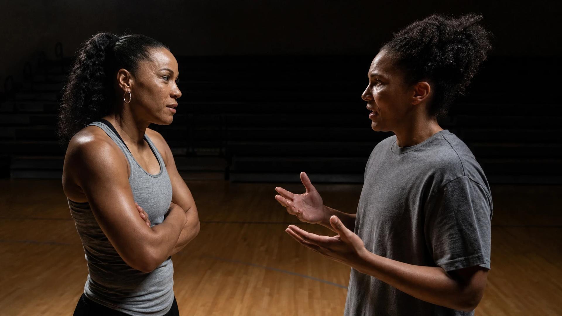 Chelsea Gray and Alyssa Thomas engaged in a serious conversation on a basketball court, illuminated by a spotlight.