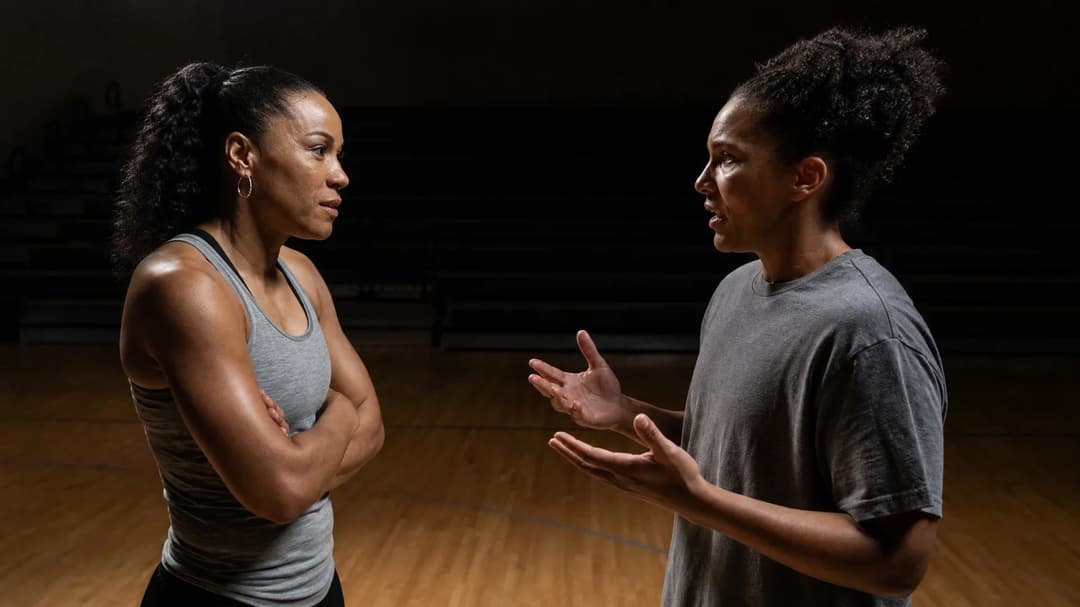 Chelsea Gray and Alyssa Thomas engaged in a serious conversation on a basketball court, illuminated by a spotlight.