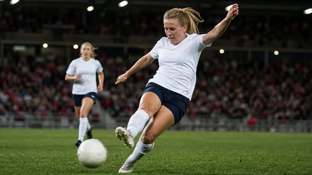 A female footballer in mid-strike as she shoots towards the goal, with a crowd blurred in the background.