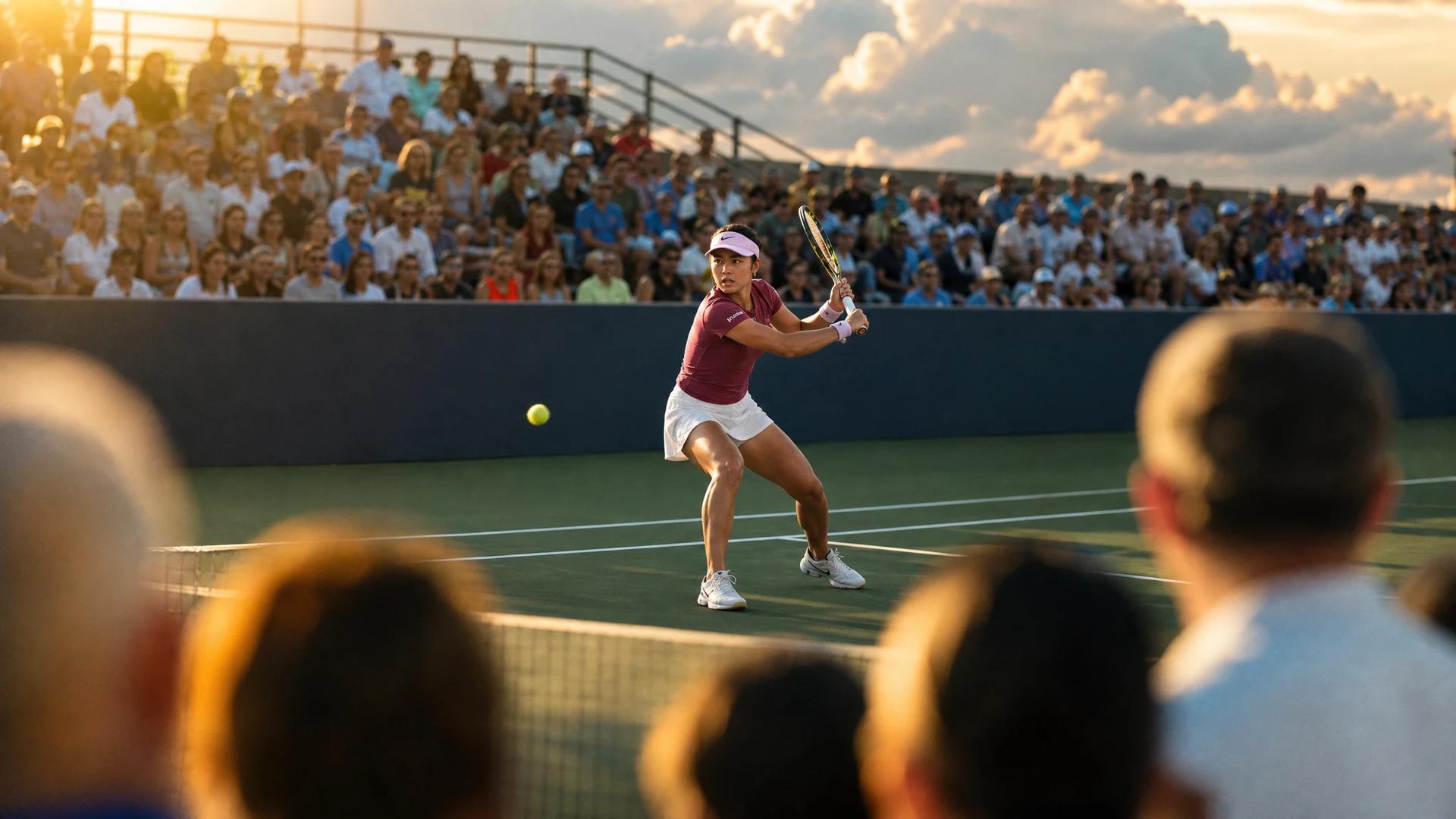 Tennis player Alex Eala mid-action on the court during a match.