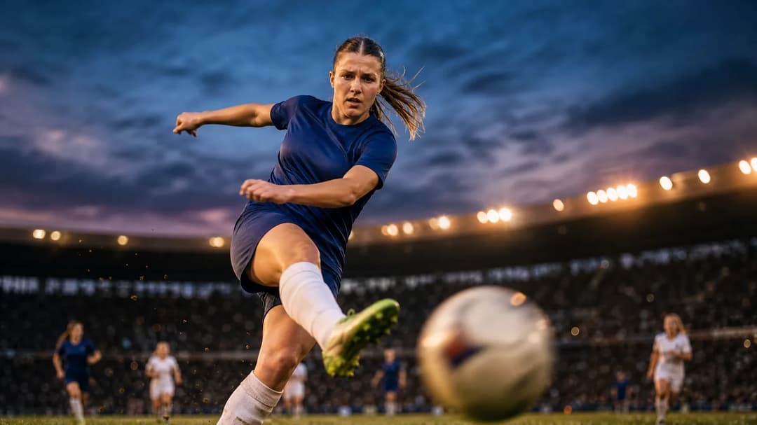 Caiya Hanks in silhouette, striking a ball during a football match.