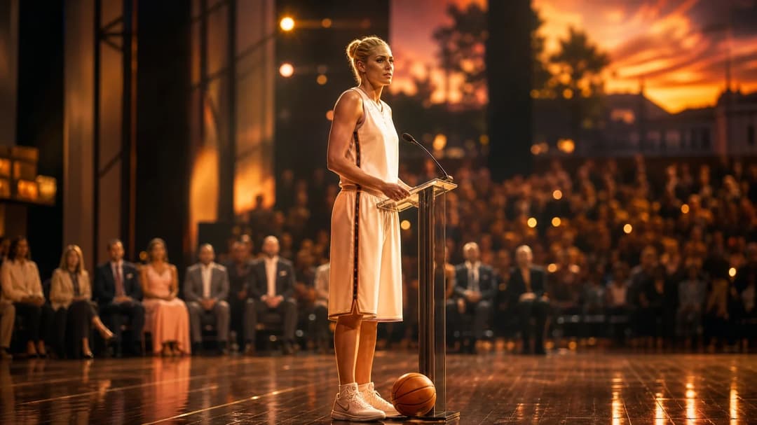 Elena Delle Donne standing at the Hall of Fame ceremony, gazing thoughtfully.