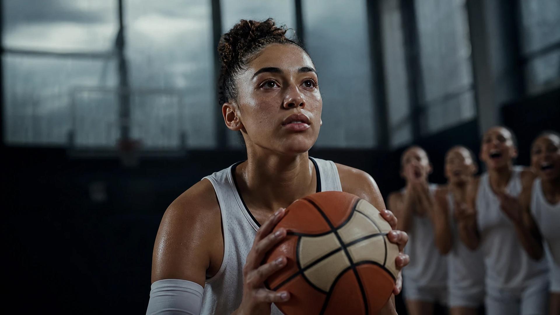 A focused Olivia Miles at the free-throw line during a basketball game.