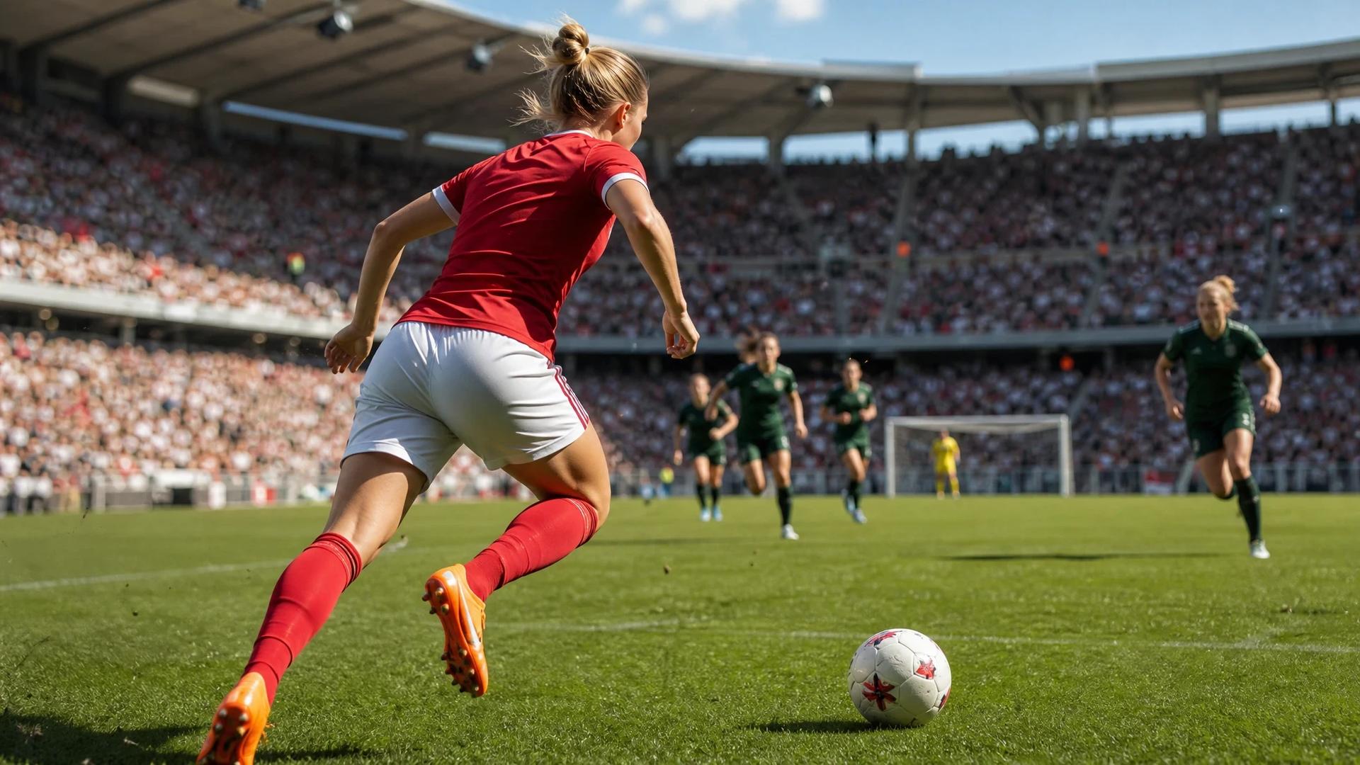 Klara Bühl running towards the goal with determination during a football match.