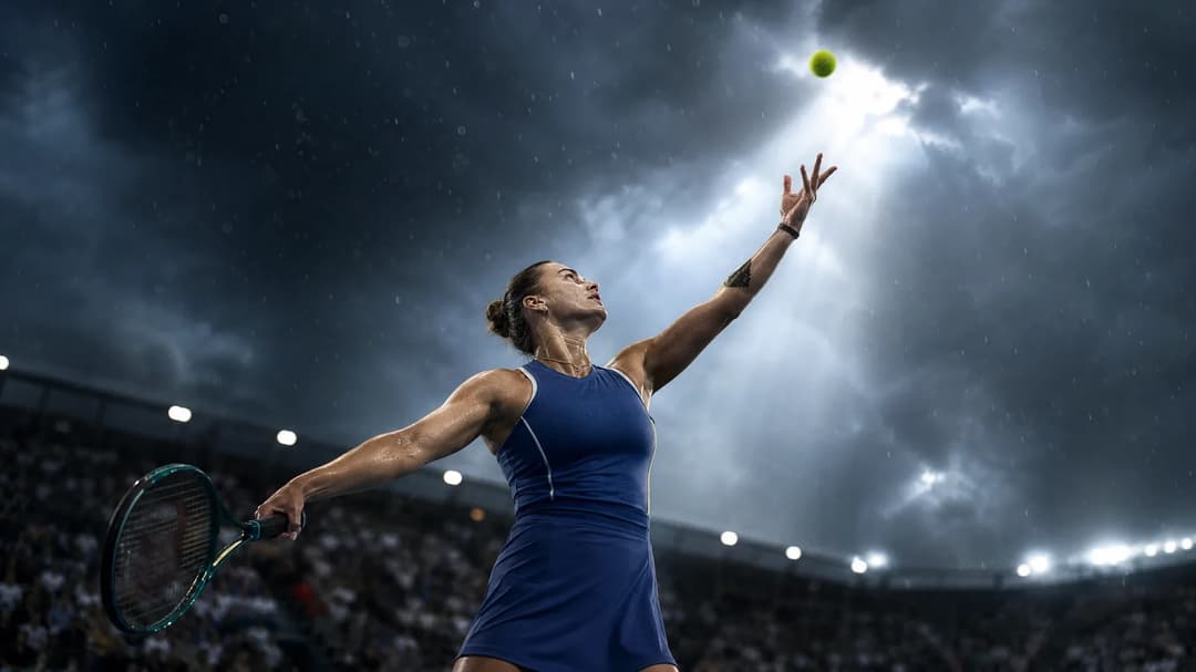 Aryna Sabalenka serving on a tennis court under stormy skies.