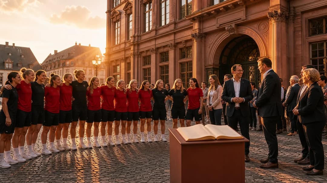 The Mainz 05 women's football team celebrates their achievement at Stadthaus in Mainz, surrounded by city officials.
