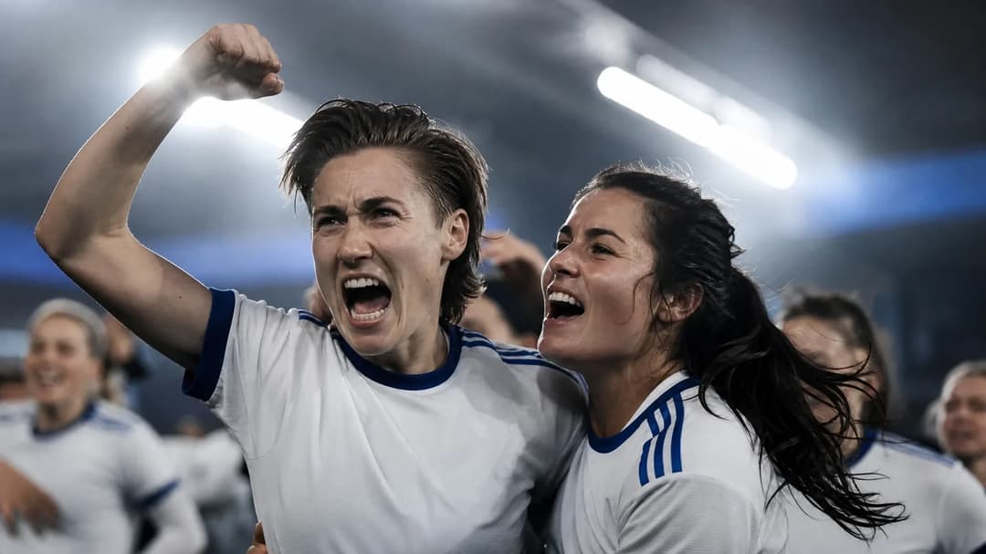 Two football players celebrating in a bright stadium setting, with one player raising her arm in victory.