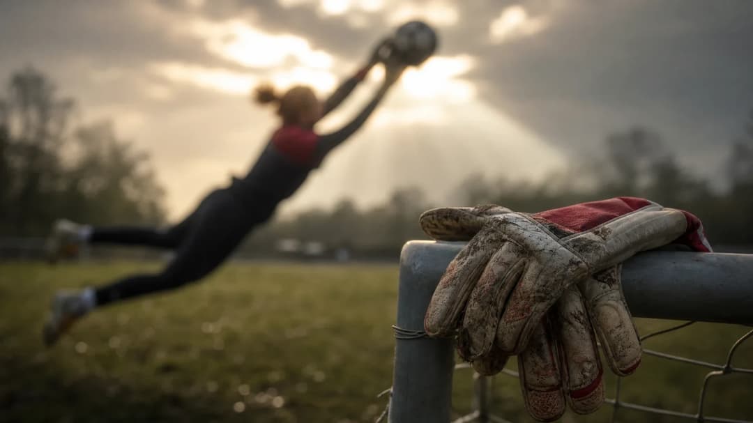 Close-up of goalkeeper gloves on a goalpost with a blurred silhouette of a goalkeeper in the background.