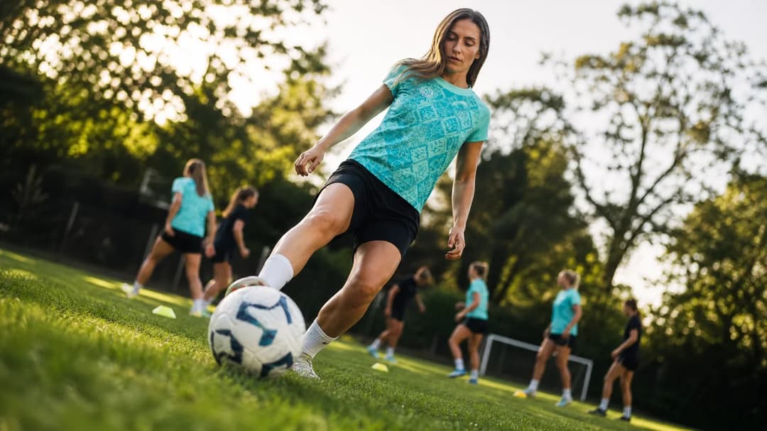 Alexia Putellas practicing her dribbling skills on a training ground with fellow players in the background.