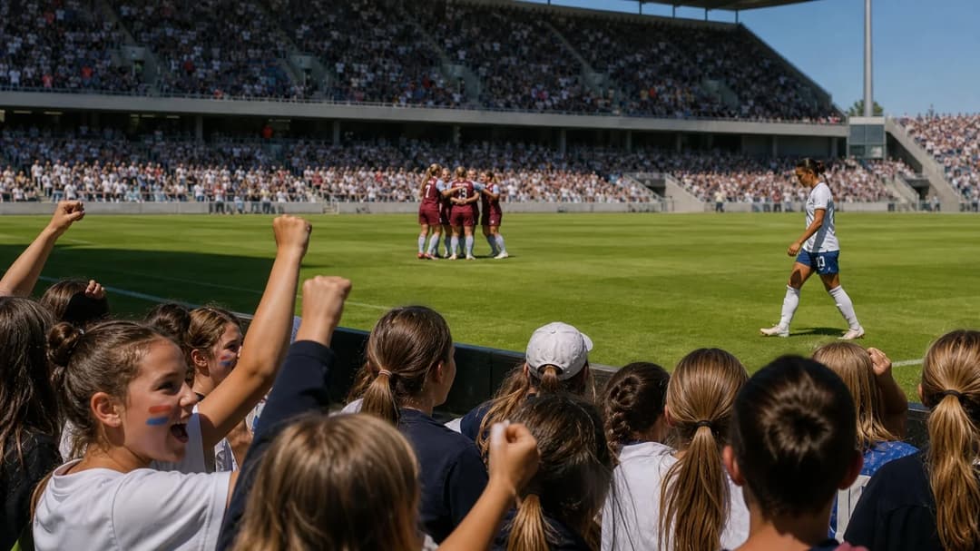 A wide shot of a football stadium filled with cheering fans and players celebrating in the background.