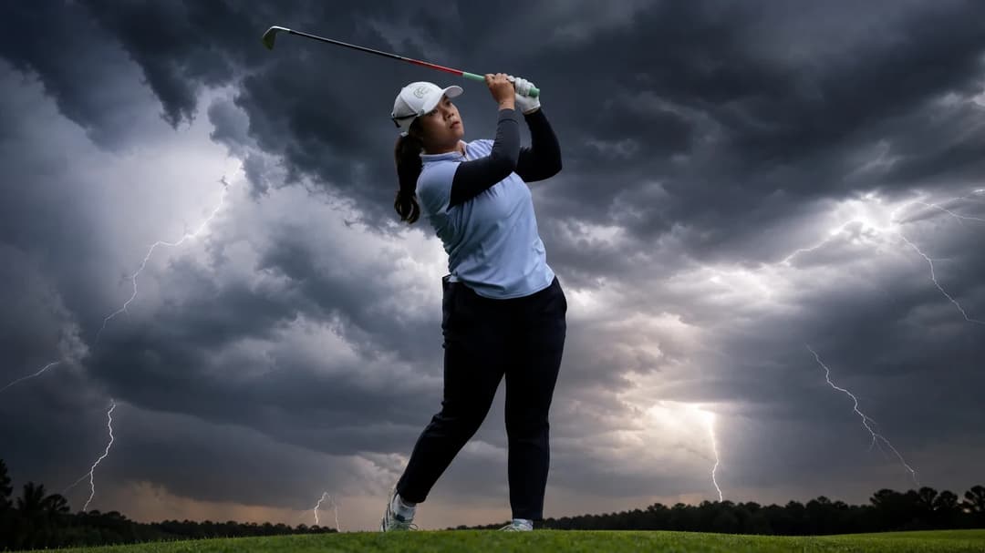A silhouetted woman swinging a golf club against a stormy sky.