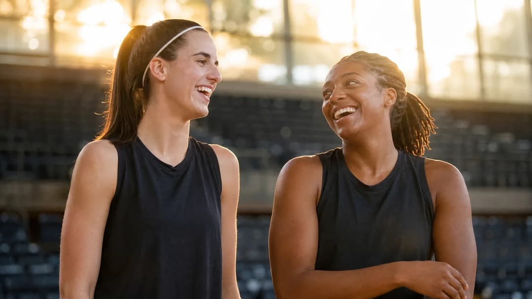 Makayla Timpson and Kelsey Mitchell share a candid moment on the sidelines, laughing together.