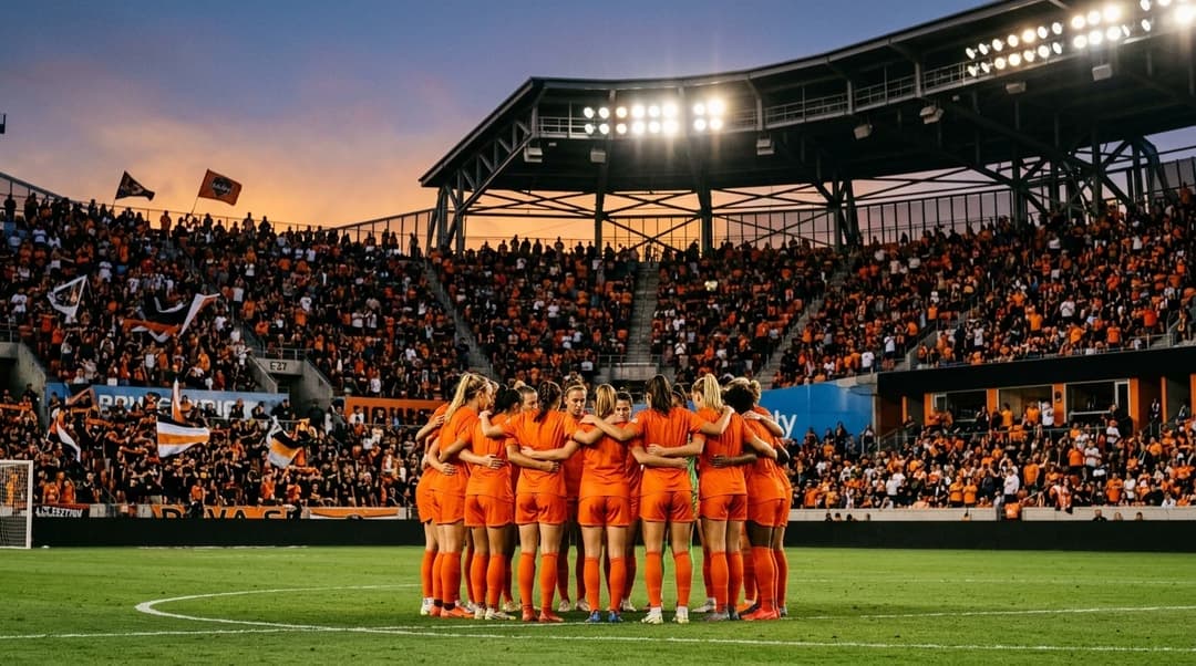 Houston Dash players in a pre-match huddle, united in the stadium with fans in the background.