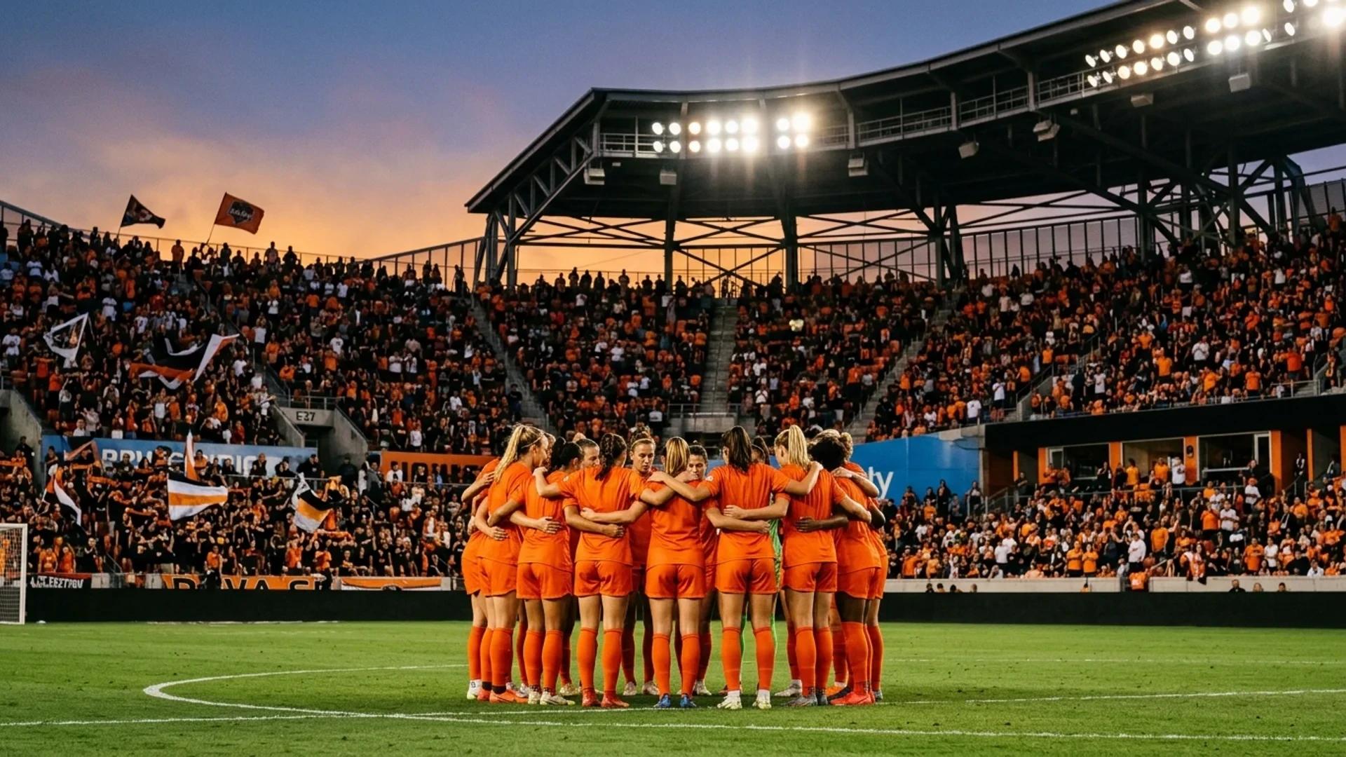 Houston Dash players in a pre-match huddle, united in the stadium with fans in the background.