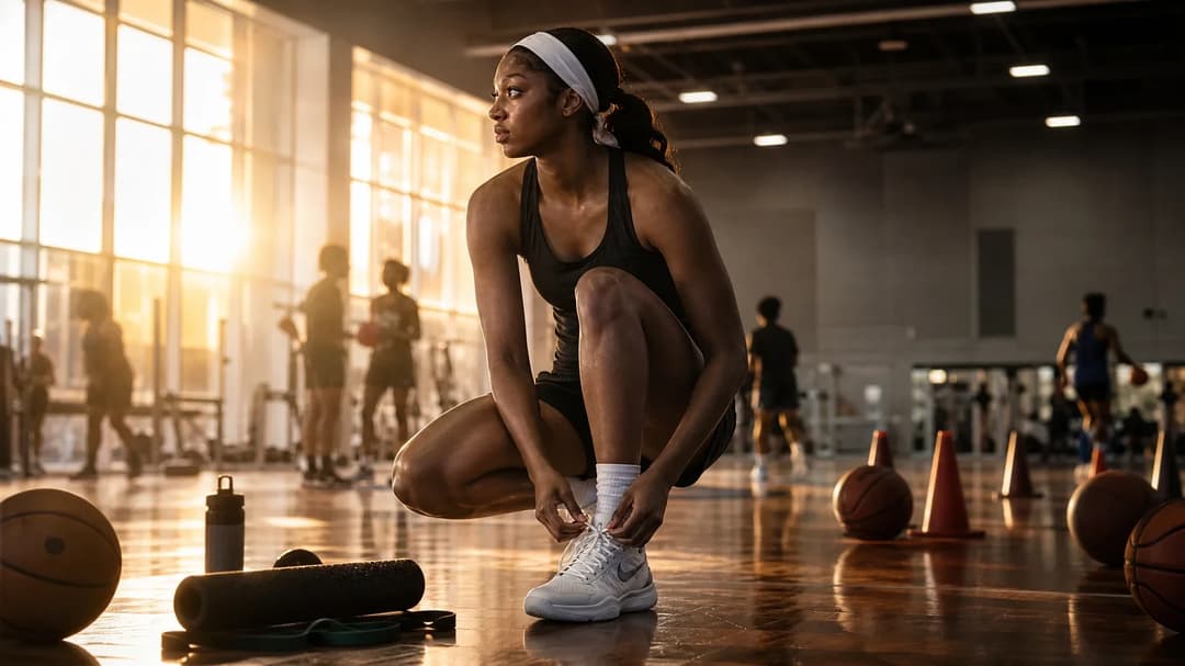 Angel Reese lacing her sneakers in a training facility filled with warm golden light.