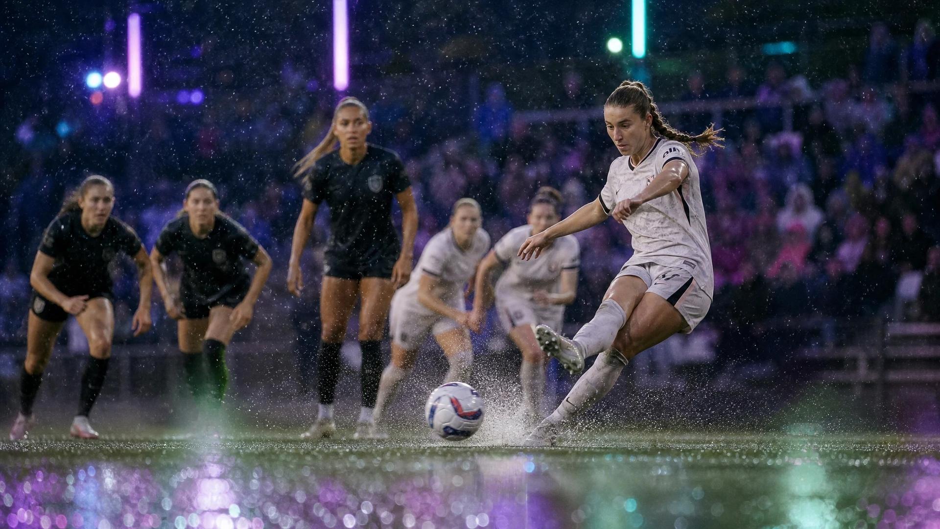 Ally Sentnor striking the ball during a football match, with dramatic stadium lighting.