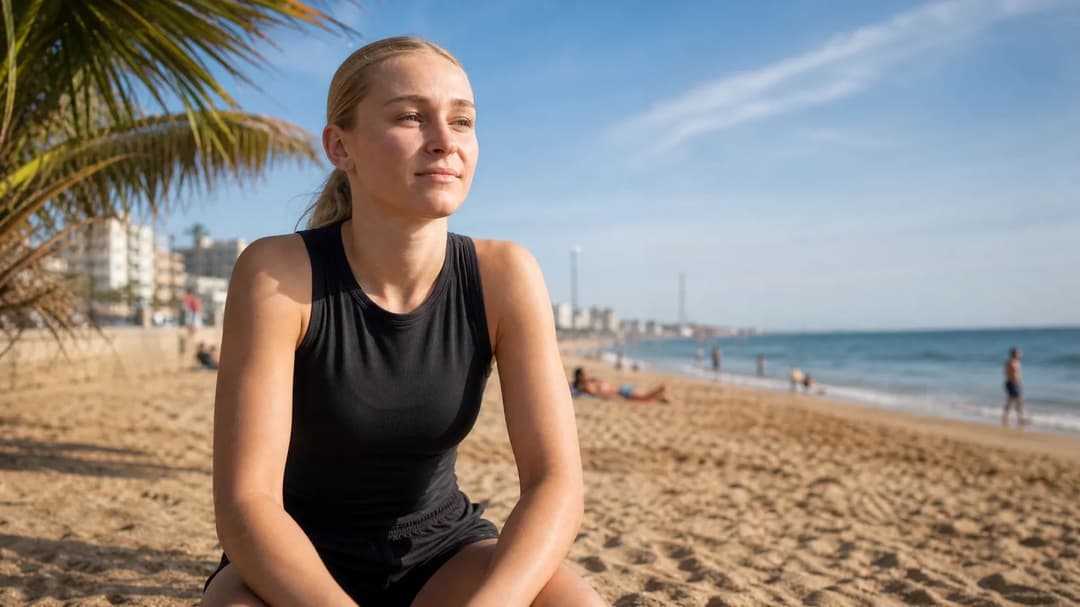 Emilie Joramo stands on Brighton beach, looking towards the horizon with a thoughtful expression.