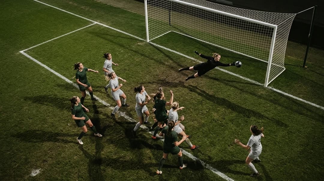 A bird's-eye view of a football match showing the goalkeeper diving to save a shot.