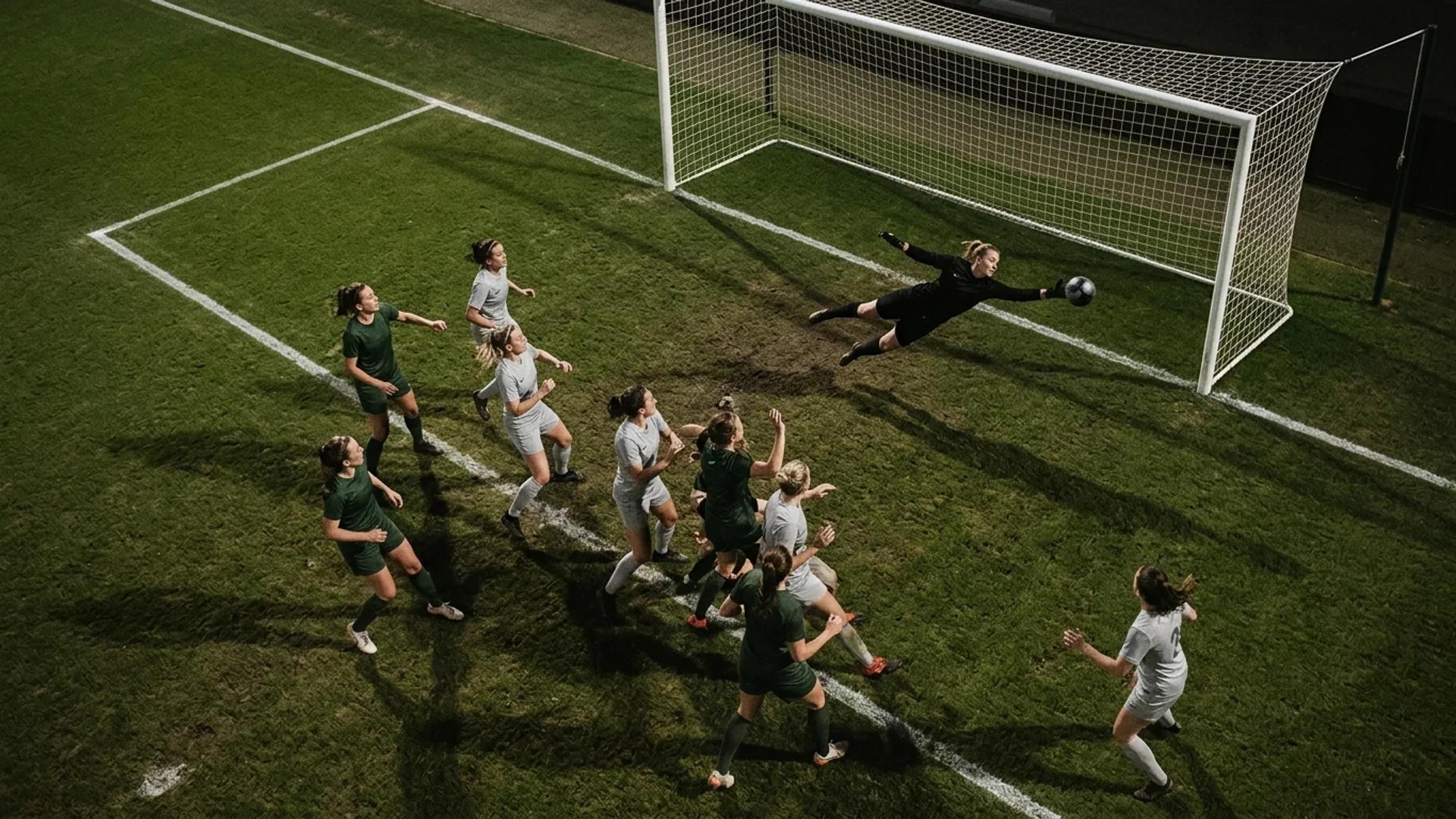 A bird's-eye view of a football match showing the goalkeeper diving to save a shot.