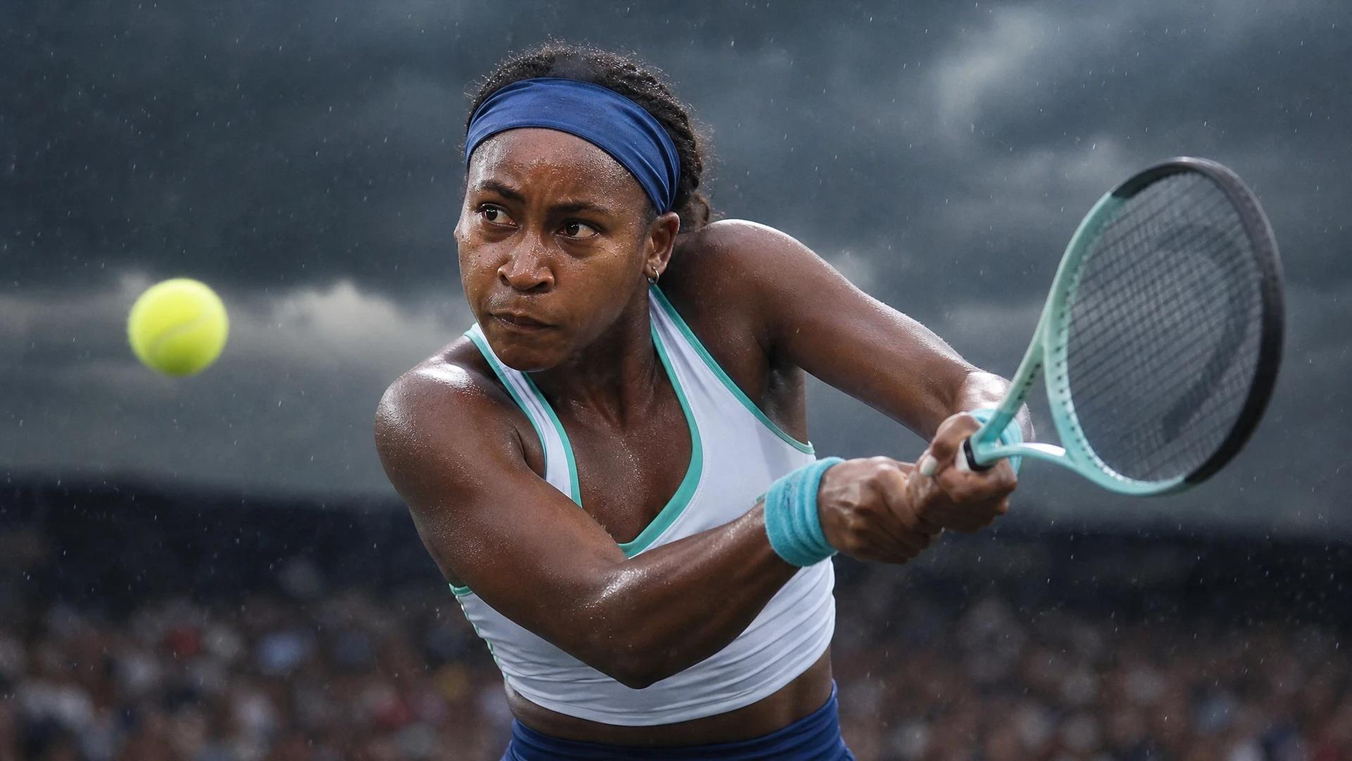 Coco Gauff hits a powerful backhand during her match against Liudmila Samsonova.