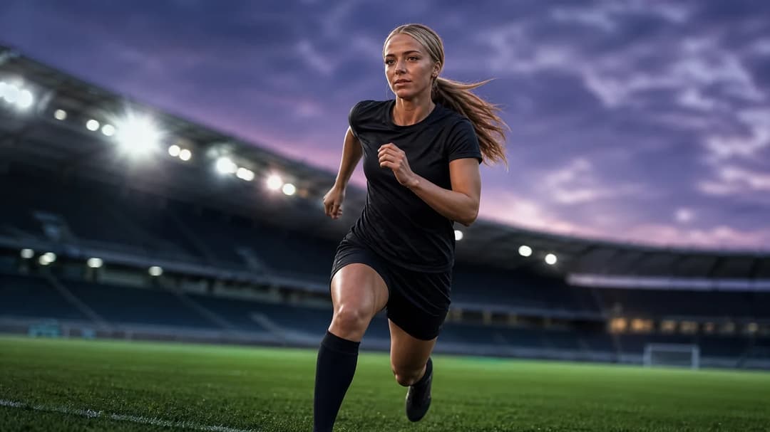 Ída Hermannsdóttir running on the football pitch during dusk.