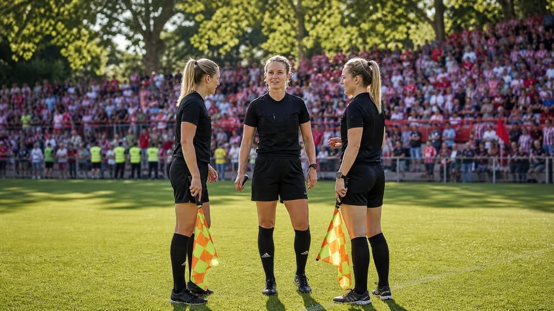 A referee stands in the foreground of a bustling football stadium filled with fans.