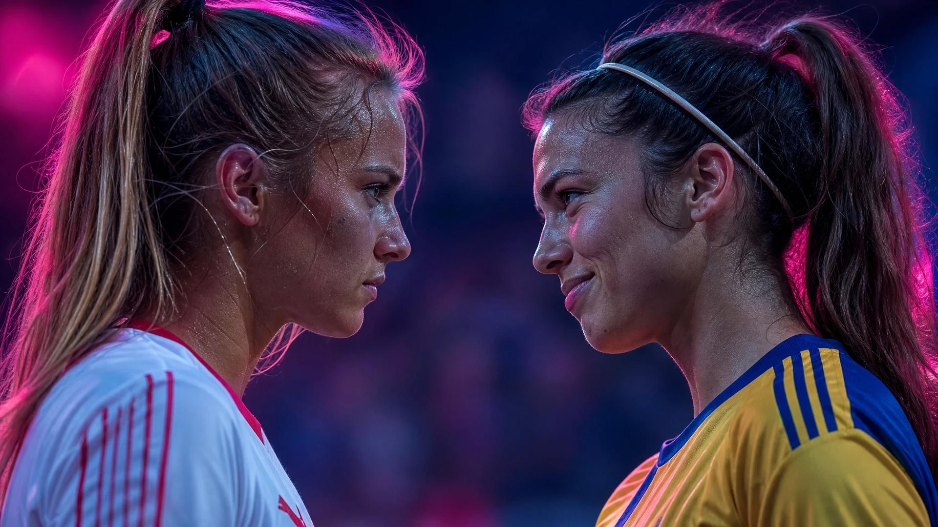 Two female football players engage in an intense interaction, illuminated by neon lights.