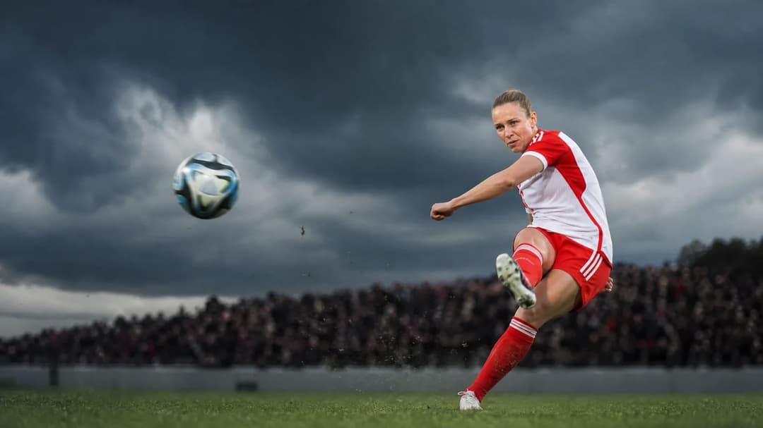 Klara Bühl of FC Bayern Munich prepares to take a free kick during a football match against VfL Wolfsburg with stormy skies overhead.