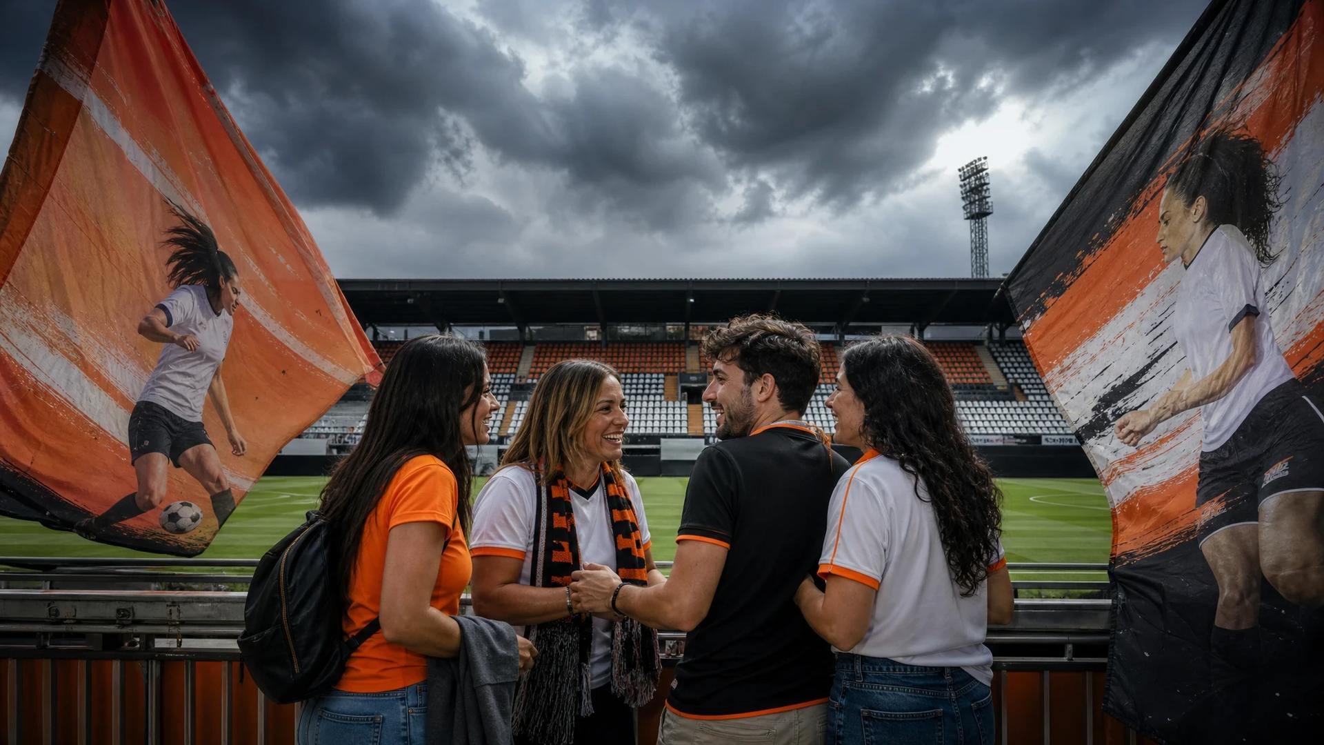 Fans gather at Antonio Puchades stadium during a season-ticket campaign launch under stormy skies.