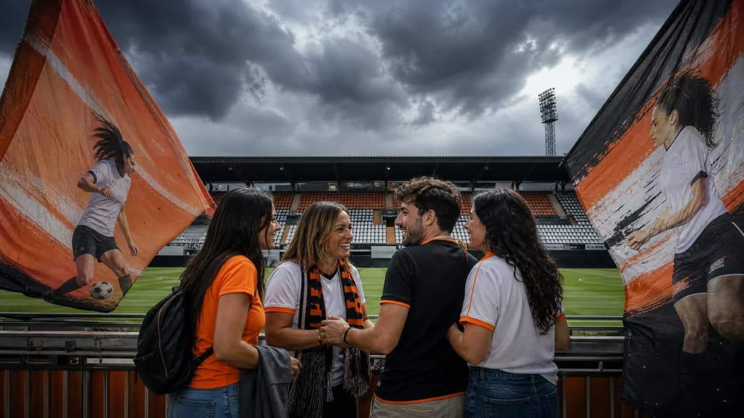 Fans gather at Antonio Puchades stadium during a season-ticket campaign launch under stormy skies.