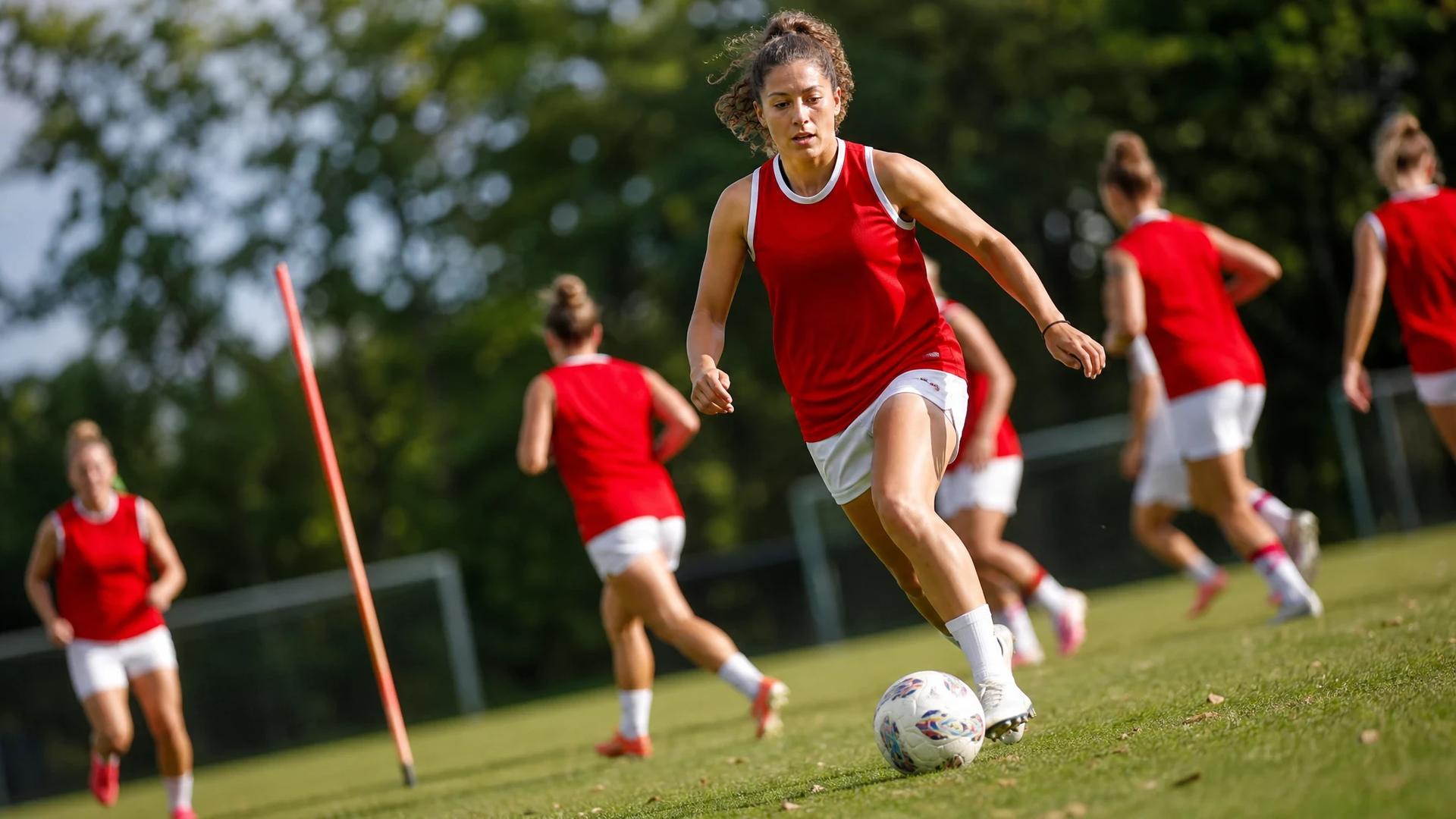 Midfielder Dafina Redzepi making an agile move with the football during training.