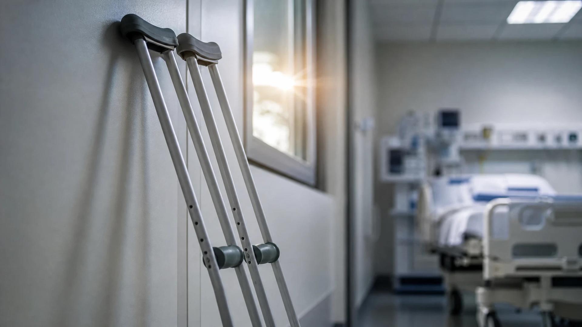 A pair of crutches leaning against a wall in a hospital room, symbolizing recovery.