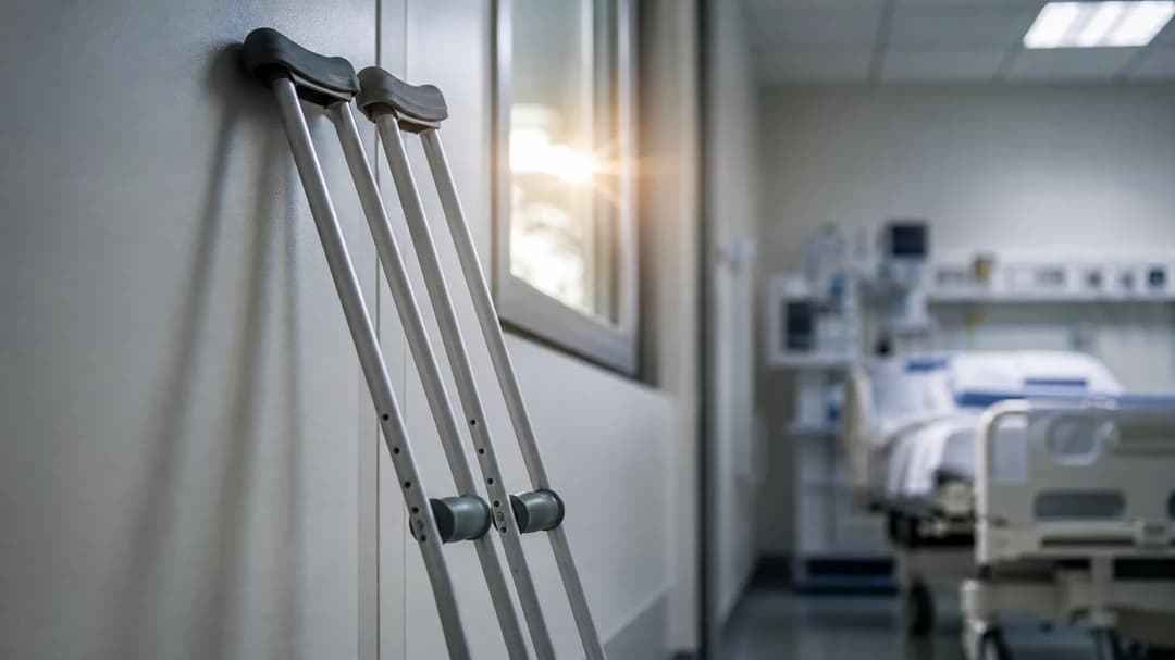 A pair of crutches leaning against a wall in a hospital room, symbolizing recovery.