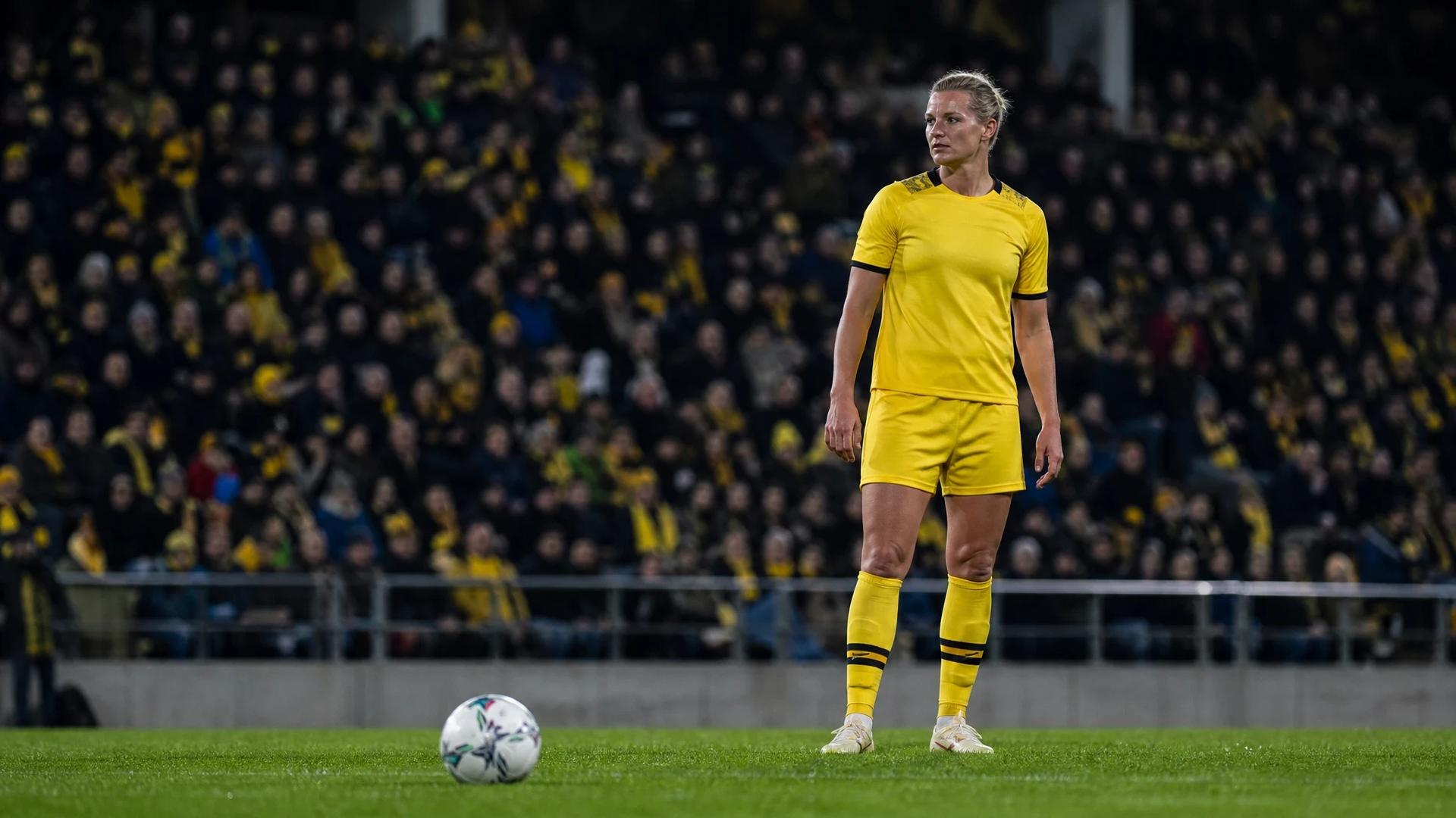 Alexandra Popp preparing to take a free kick in a football match at Stadion Rote Erde, surrounded by enthusiastic fans.