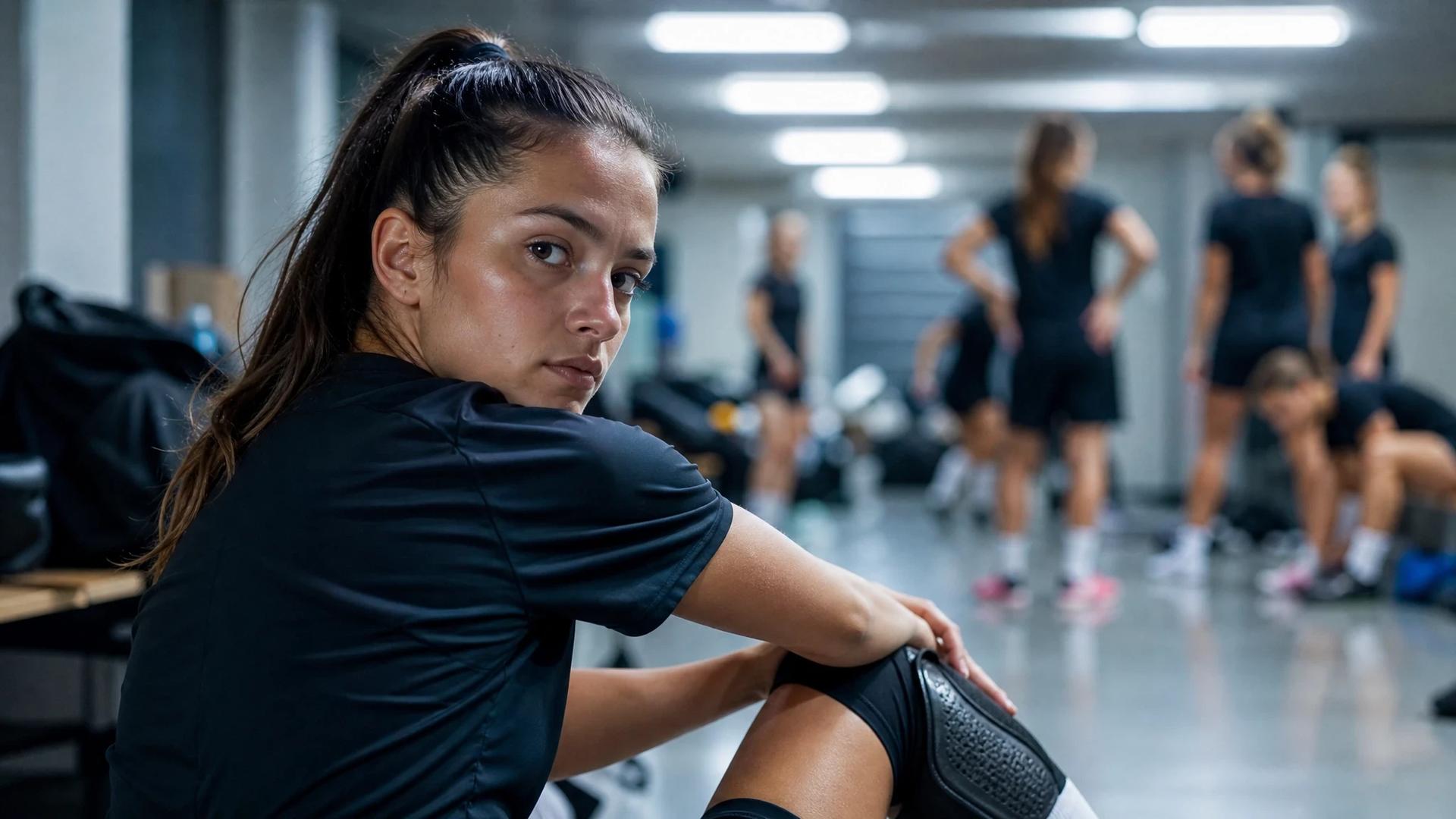 A focused female football player preparing in a training facility.