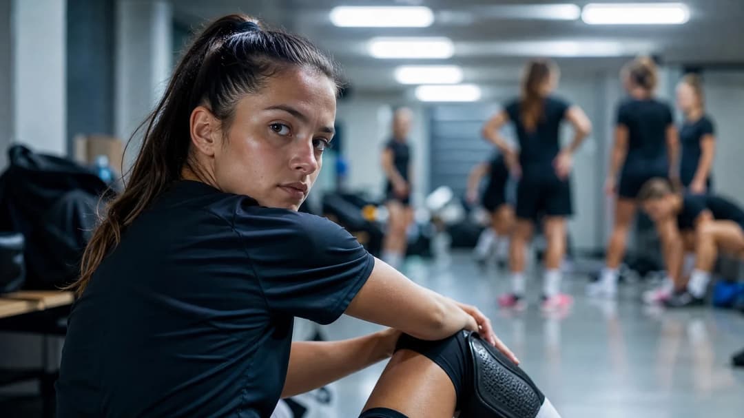 A focused female football player preparing in a training facility.