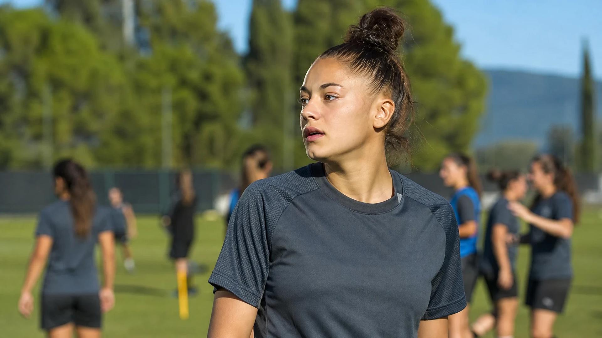 A young female football player stands confidently in a training complex, engaging with teammates in action.