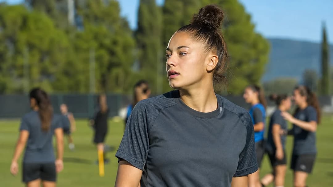 A young female football player stands confidently in a training complex, engaging with teammates in action.