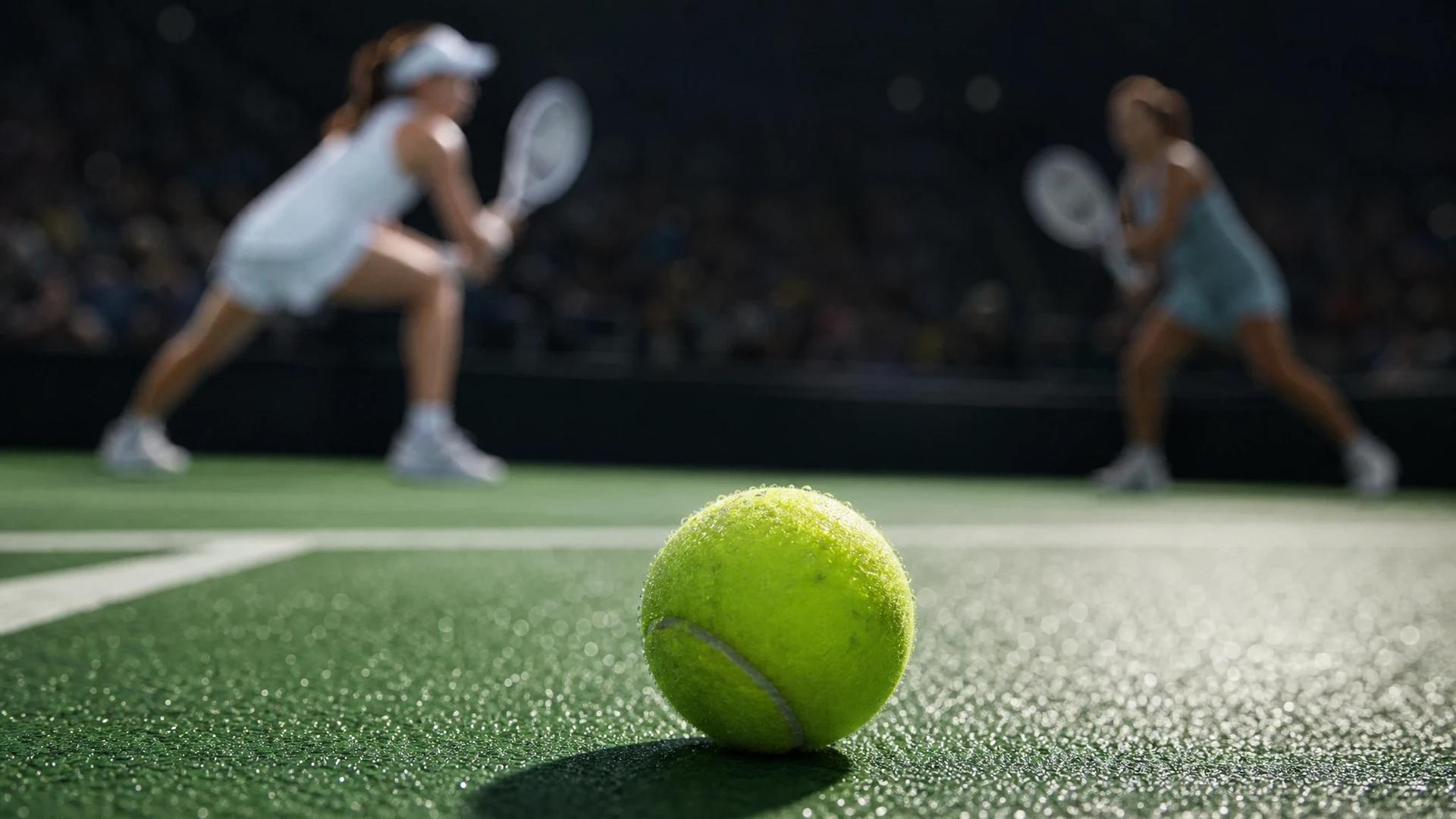 Close-up of a tennis ball on the court with blurred players in the background.