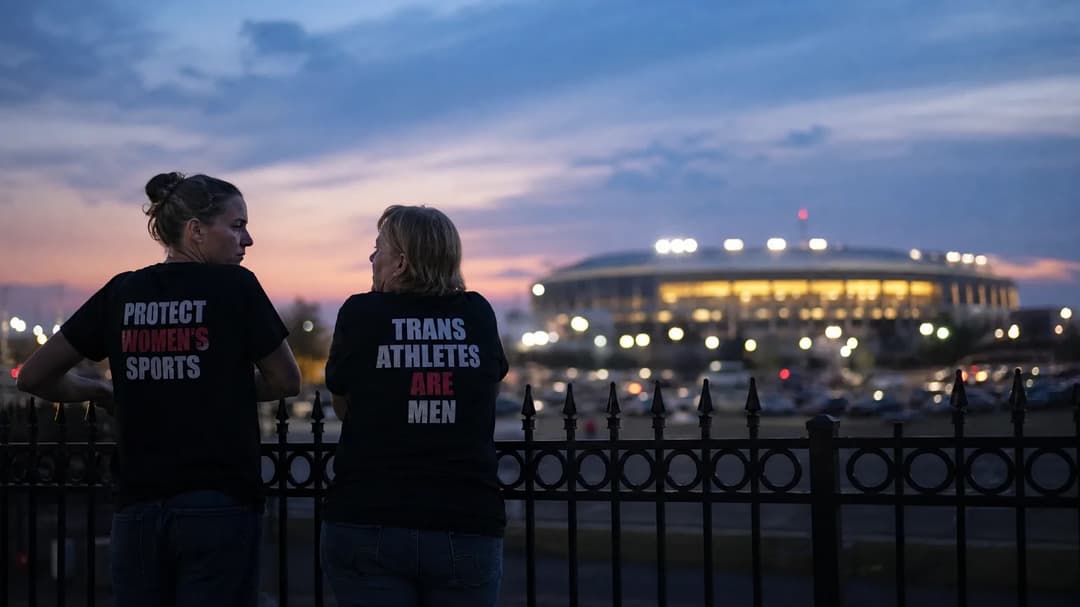 Two fans in the foreground, wearing shirts with messages on inclusion, against the backdrop of a basketball arena at dusk.