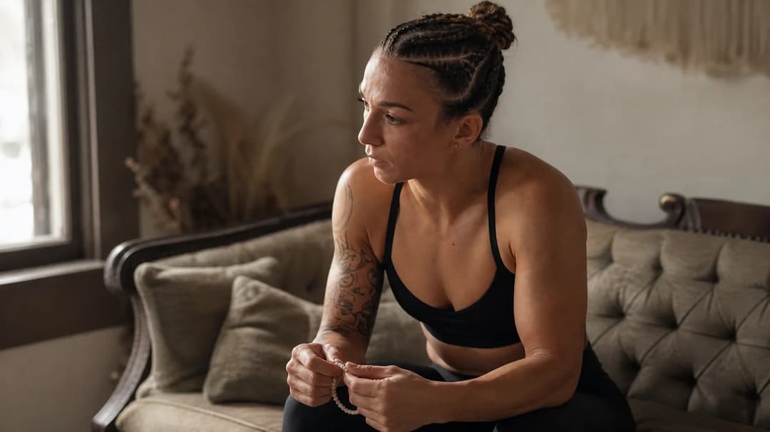 A close-up of Amanda Ribas sitting on a sofa in soft window light, appearing contemplative.