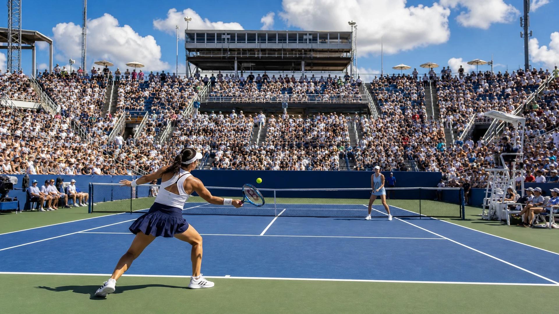 An expansive view of Jessica Pegula and Emma Navarro competing at the Cincinnati Open, surrounded by a vibrant crowd.