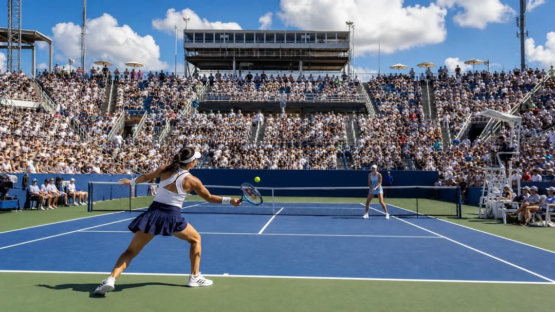 An expansive view of Jessica Pegula and Emma Navarro competing at the Cincinnati Open, surrounded by a vibrant crowd.